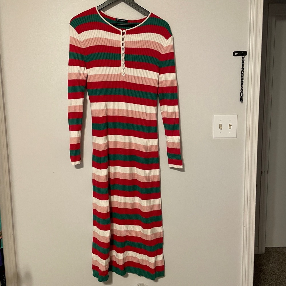 Striped Long Sleeve Bodycon Sweater Dress - Red, Green, White